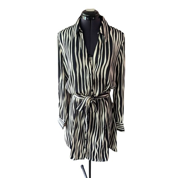 NWOT‎ Mango Black & Cream Striped Satin Shirt Dress XL - Picture 2 of 16